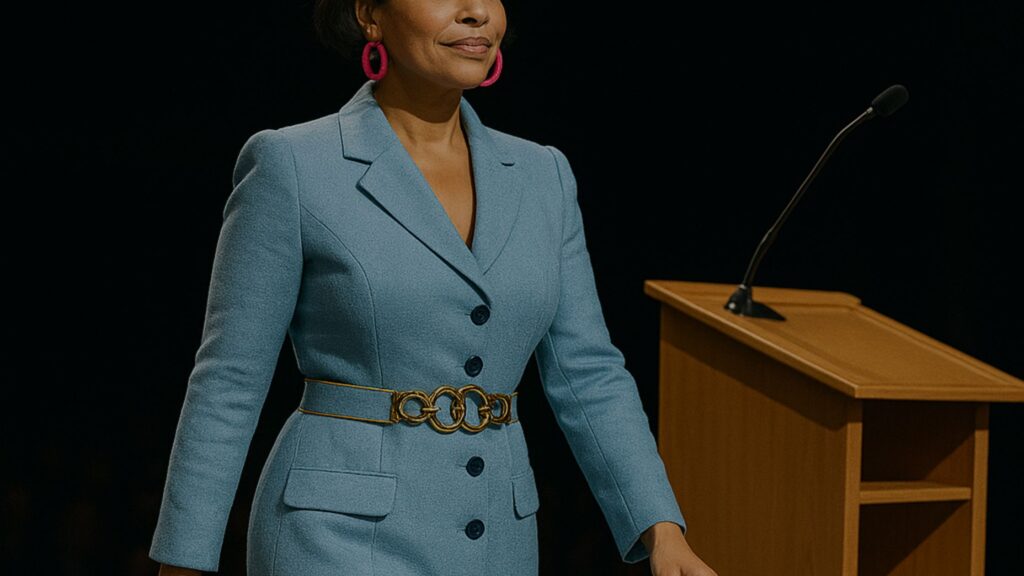 Authentic Leadership Style Woman 40s on Stage with Confidence
