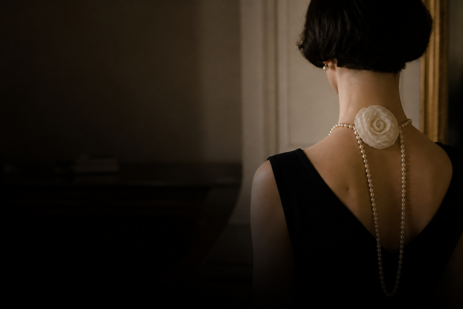 Woman seen from behind in a black dress and pearls, Chanel-inspired original composition, no face
