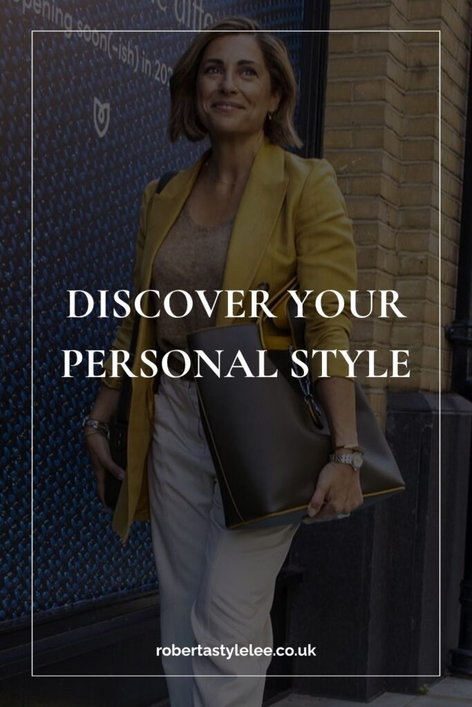 Discover Your Personal Style - Elegant women shows off her new style - wearing autumn colours: mustard blazer, beige top and cream pants with a brown tote bag.