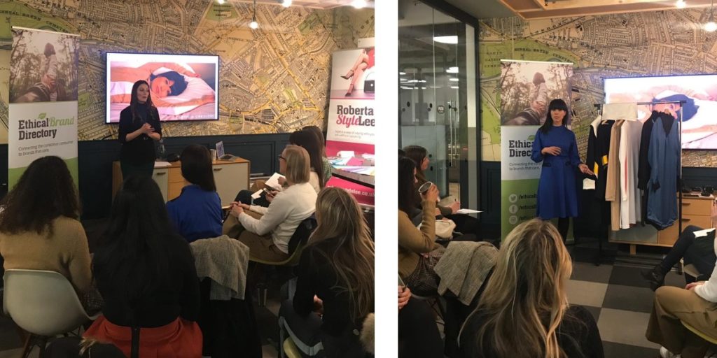 image 1: Sustainable Styling Workshop with personal stylist and sustainable style expert, Roberta Lee. talking about shopping the pre-loved market first.
image 2: Leticia Credidio showing her new clothing range to an audience of women at the Sustainable Styling & Clothes Swap  in London. 