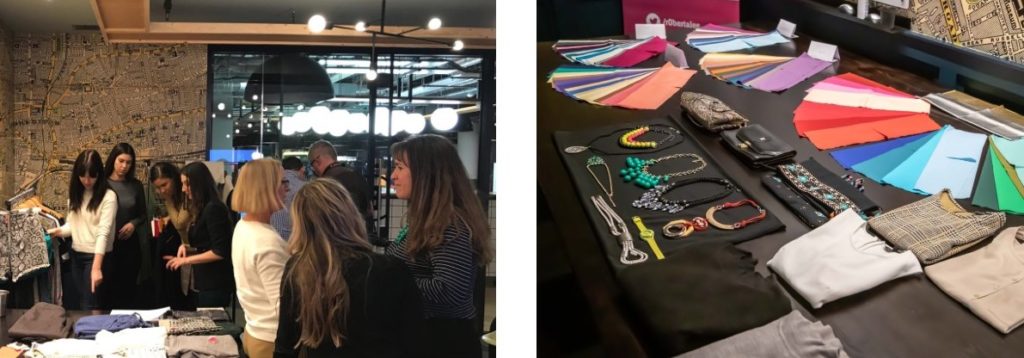 image 1: Sustainable Styling Workshop with personal stylist and sustainable style expert, Roberta Lee. Clients Personal Shopping, networking and exploring pre-loved clothes on a rail in London.
image 2: Carefully curated  pre-loved accessories and colour swatches 