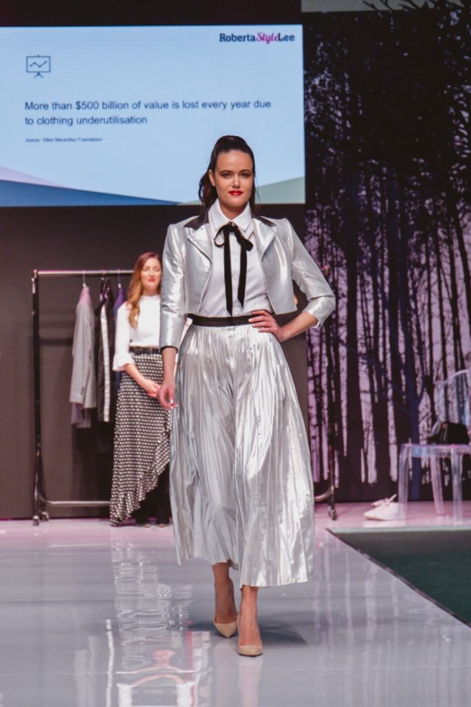 SEO Alt Text: Model Amanda Sarco Styled By Roberta Lee, Pure London Runway Feb 2020 | Conscious Fashion Brands | White Shirt, Silver Skirt
