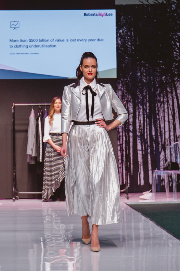 Roberta Style Lee catwalk at Pure London | Sustainable Fashion Stylist | Model: Amanda Sarco In silver dress and Jacket 