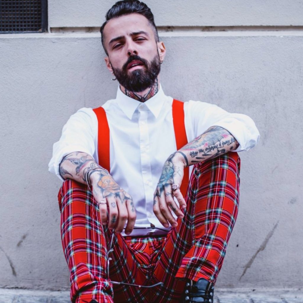 Dan Pontarlier | Sustainable Man | Men’s White Shirt | Red Tartan Trousers with Braces | Ethical Brand Model