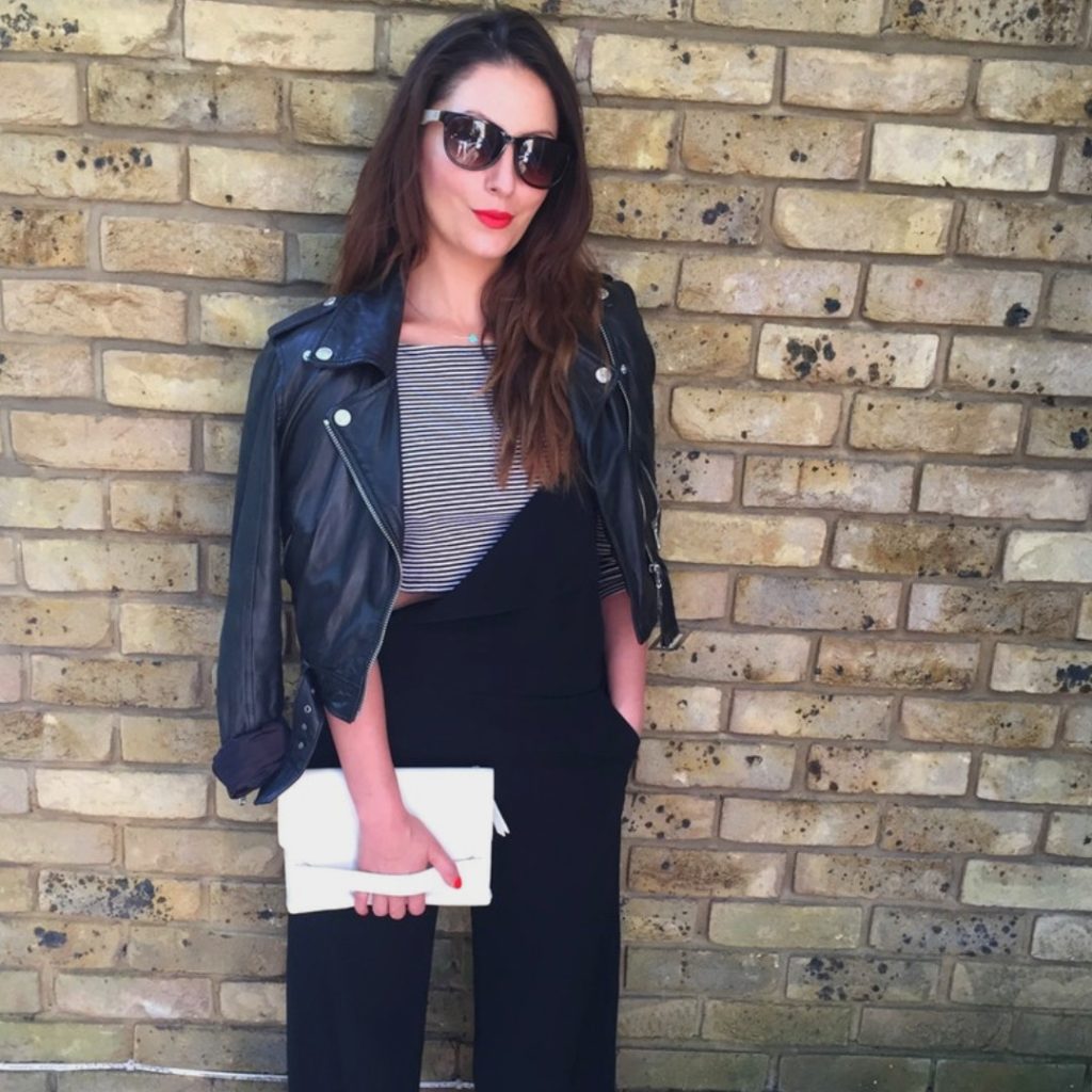 Roberta Lee | London’s Sustainable Stylist Wearing Preloved Fashion | Leather Jacket | White Clutch