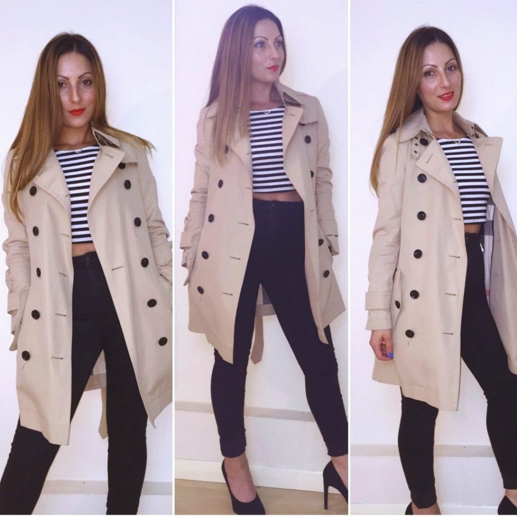 Roberta Lee | Modelling Burberry Mac | Wardrobe Staple | Over 100 wears | Paired with Striped T Shirt, Black Skinny Jeans and Black Heels