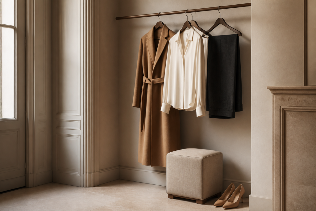 A calm dressing room with a few considered garments and nude leather shoes in warm daylight