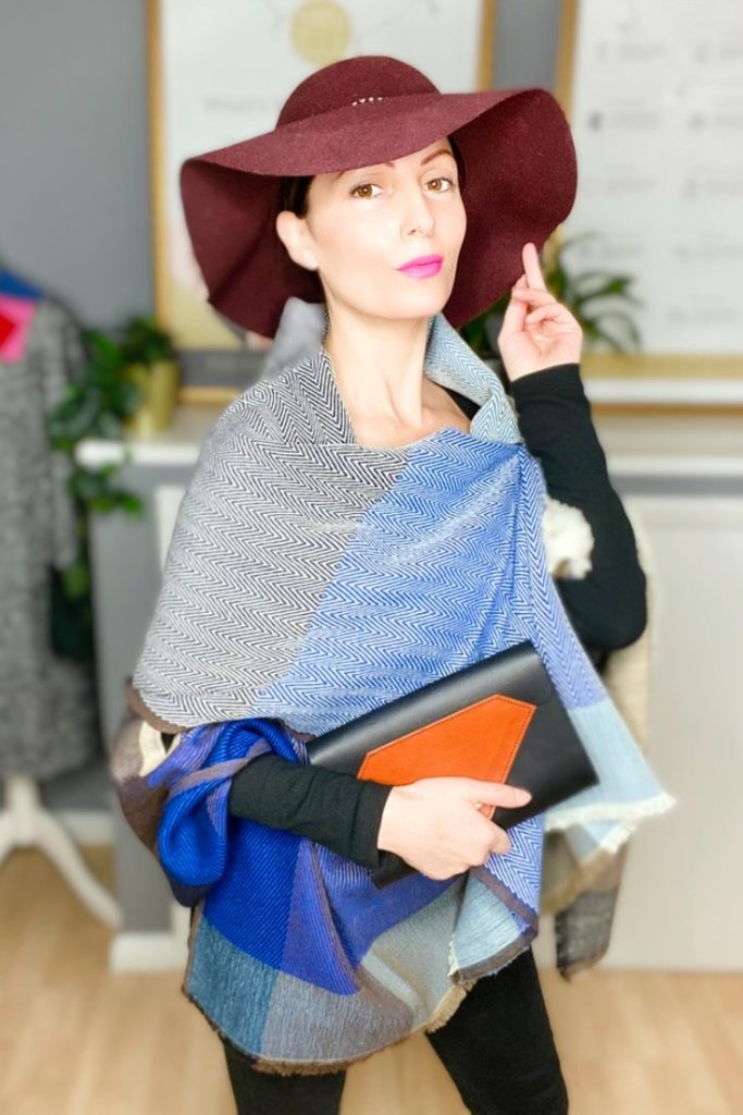 Handwoven Wool Danube Cape by Jewelled Buddha worn by Roberta Lee, London’s Sustainable Fashion Stylist. 