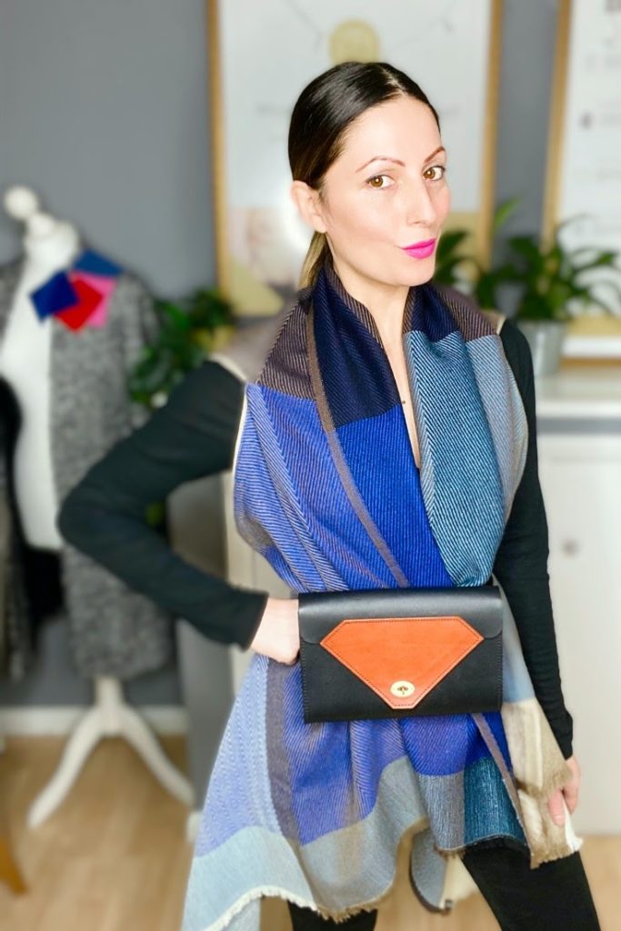 Blue Wool Cape worn as a belted cape with Tatum Diamond leather Belt Bag  | Worn by Personal Stylist, Roberta Lee