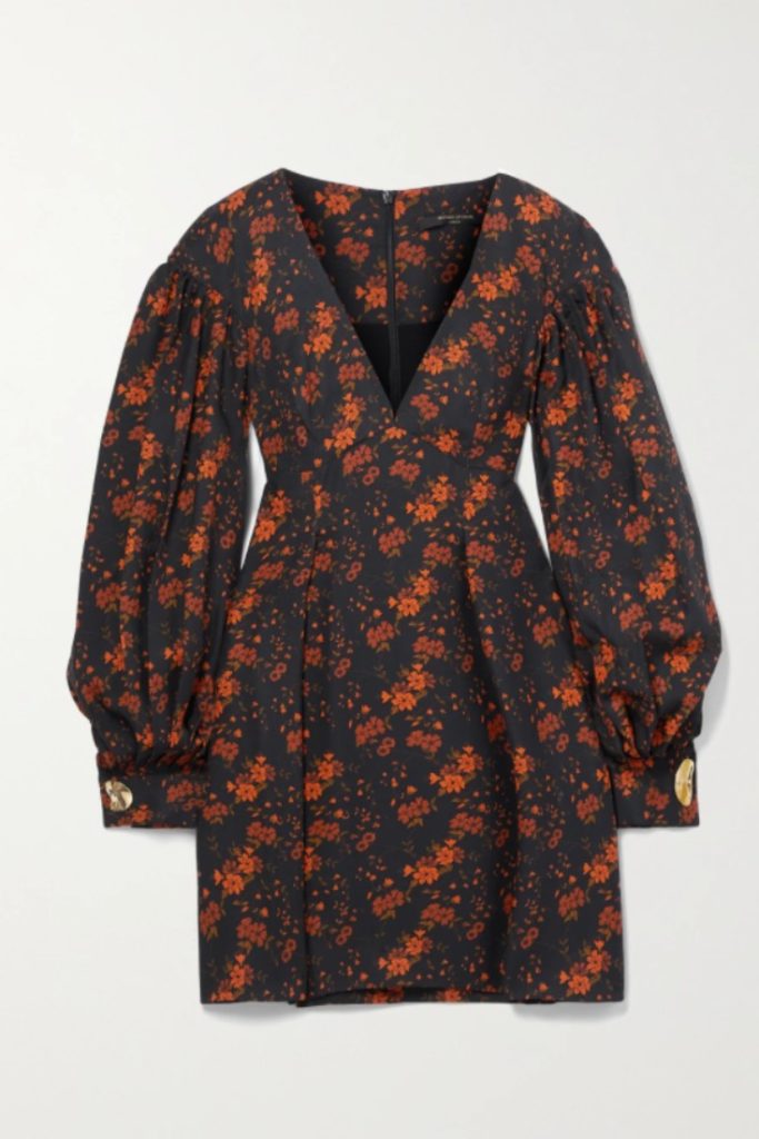 Mother of Pearl black and orange floral jacquard style dress | ethical tencel dress | puff sleeve dress with v-neck neckline | dress similar to luxury brand Ganni