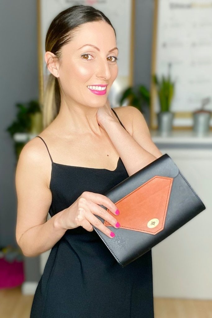 Roberta Lee Holding Tatum Diamond London Whitley bag | Brown and Black Leather Bag | Ethical Leather Clutch