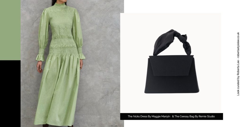 New Years Eve Outfit Look 10: New Year’s Eve Sustainable Party Outfit Ideas |  Featured brands: The Nicks Avocado Green Maxi Dress and Black Top Handle bag by Remie Studio 
