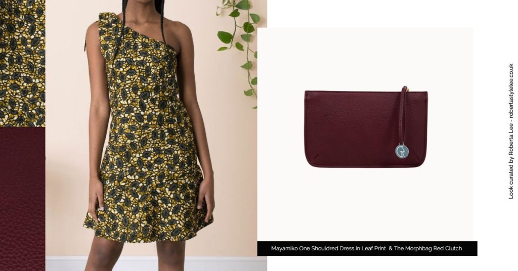 New Years Outfit Ideas Look 6: Warm autumn colours leaf print dress and Deep red Clutch by The Morphbag |  New Year’s Eve Outfit Ideas 