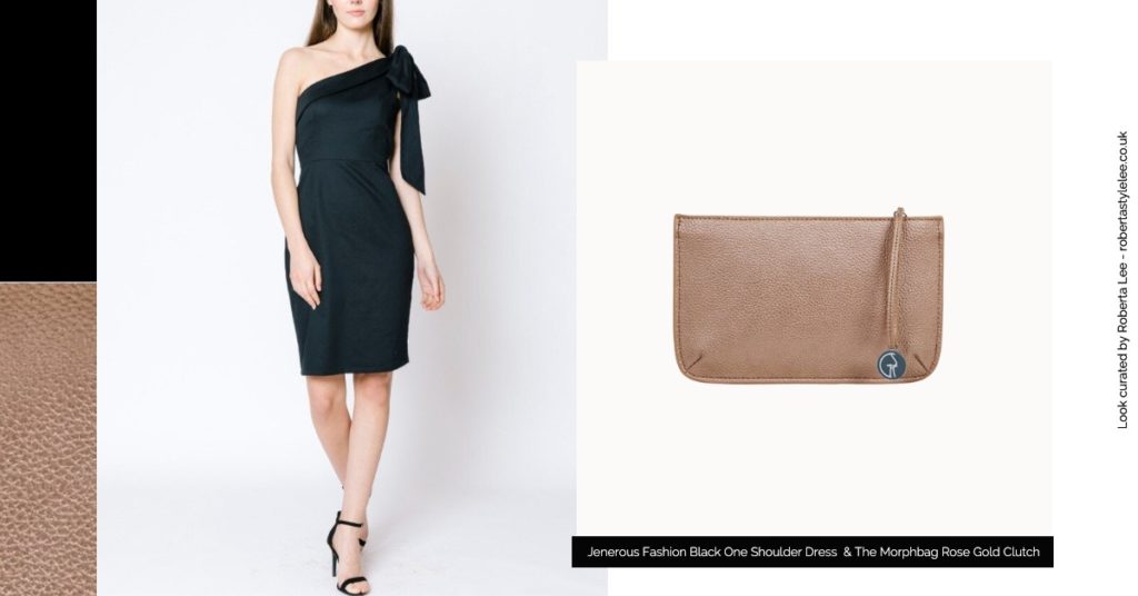 New Years Outfit Ideas Look 5: Black one shouldered Party Dress by Jenerous and Gold Clutch by The Morphbag New Year’s Eve Outfit Ideas | Rose Gold Clutch 