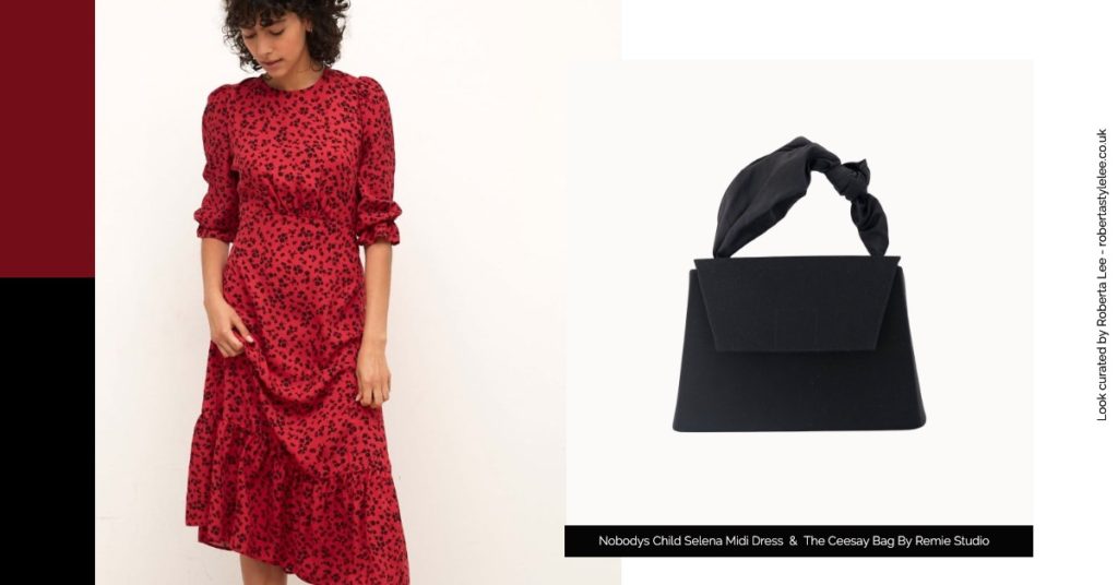 New Years Eve Outfit Look 8: New Year’s Eve Sustainable Party Outfit Ideas |  Featured brands: Nobody's Child Selena Dress and Black Top Handle bag by Remie Studio 