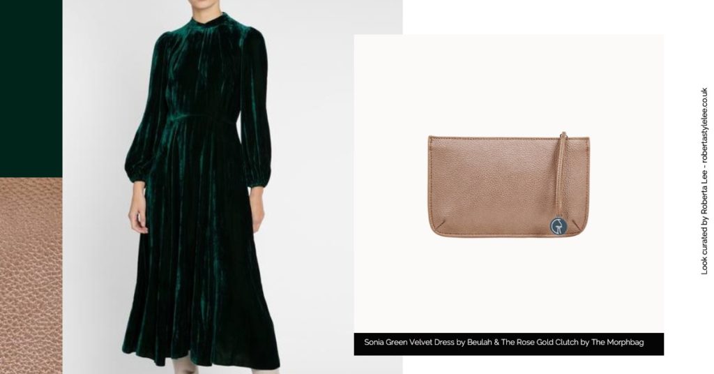 New Years Eve Outfit Look 9: New Year’s Eve Sustainable Party Outfit Ideas |  Featured brands: Green velvet dress by Beluah and rose gold vegan clutch by The Morphbag