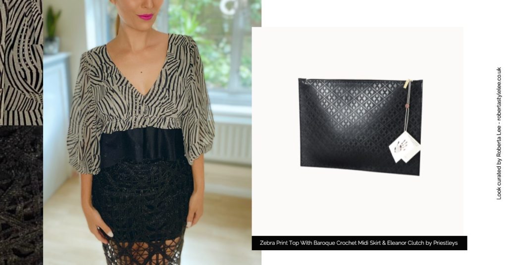 New Years Eve Outfit Look 1 
 | Roberta Lee The Sustainable Stylist wear a Zebra print evening Top with a Baroque Crochet Midi Skirt and a Luxury Black Leather Clutch by Priestleys | 