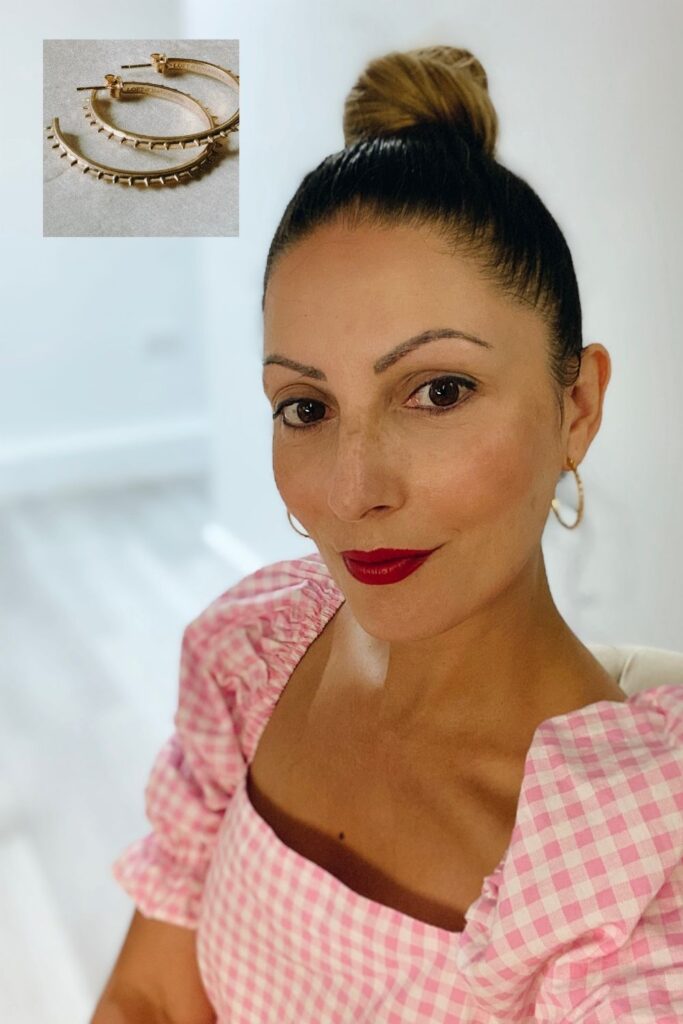 Ethically made Gold hoop earrings with 100% cotton Pink Gingham Dress 
