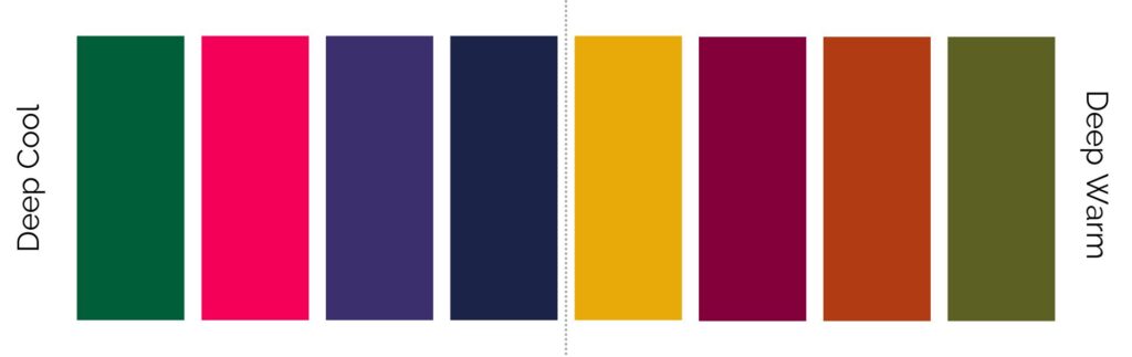 Colours from 12 seasons in colour analysis: Deep  colours 