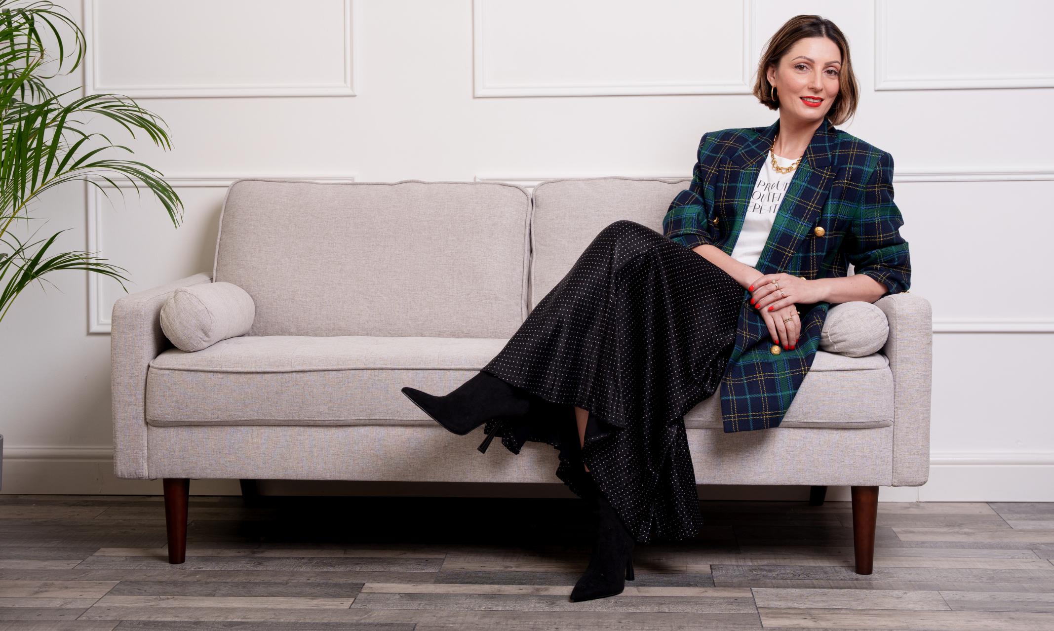 Roberta Lee- Sustainable Stylist. Elegant Sustainable Outfit Wearing Her Values