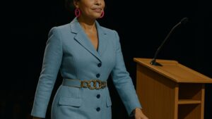 Authentic Leadership Style Woman 40s on Stage with Confidence