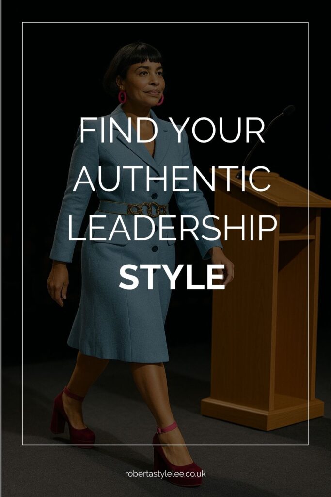 Authentic Leadership Style | Woman in a classic  Dress speaking on stage, add personality by adding platform shoes vintage belt and pink earrings