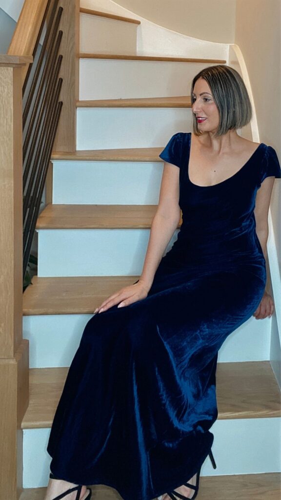 Event Season Dresses. Christmas and New Year. ASPIGA  Brand Review - Blue Velvet Evening Dress Maxi Elegant Sustainable 