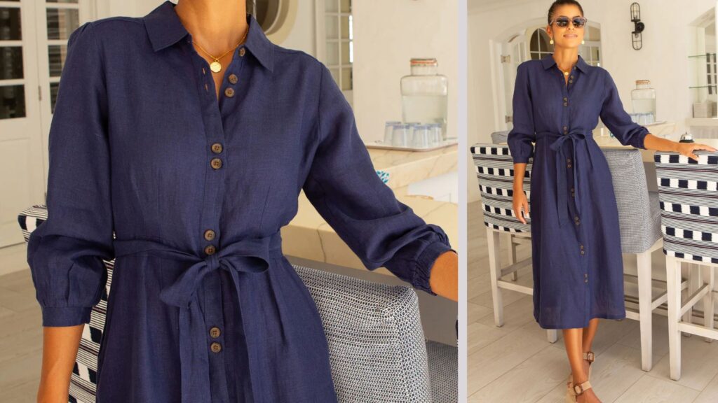 Blue Sustainable Linen Day Dress - Wimbledon and F1 Hospitality Outfit Ideas