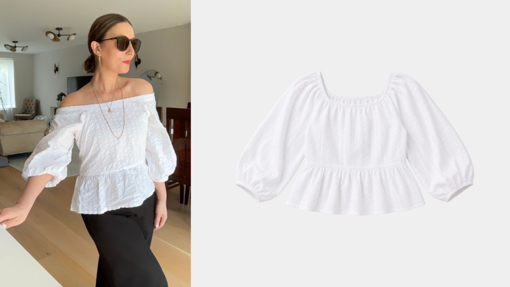Jenerous white cotton seersucker puff sleeve peplum top – lifestyle and product