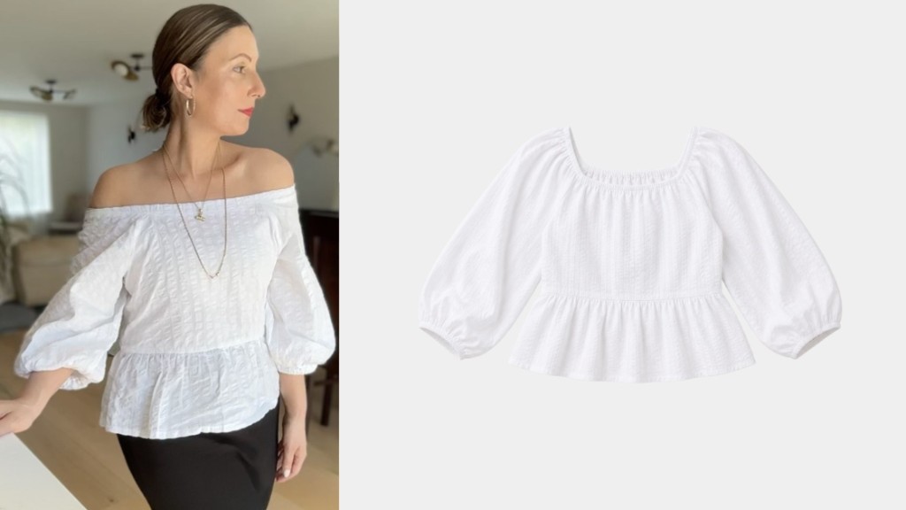 Jenerous white seersucker peplum top worn off-shoulder – reviewed by Roberta Lee