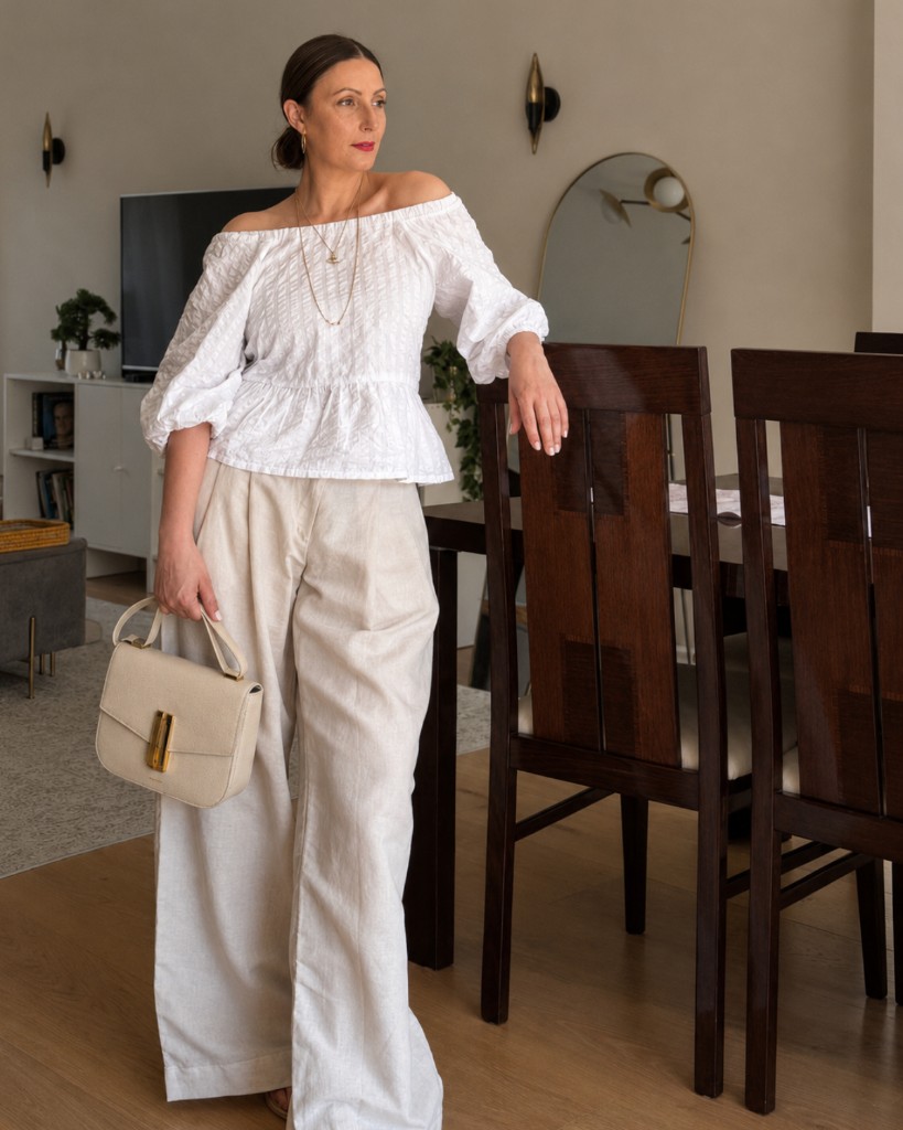 Roberta Lee wearing Jenerous cream wide-leg linen-cotton trousers and peplum top
