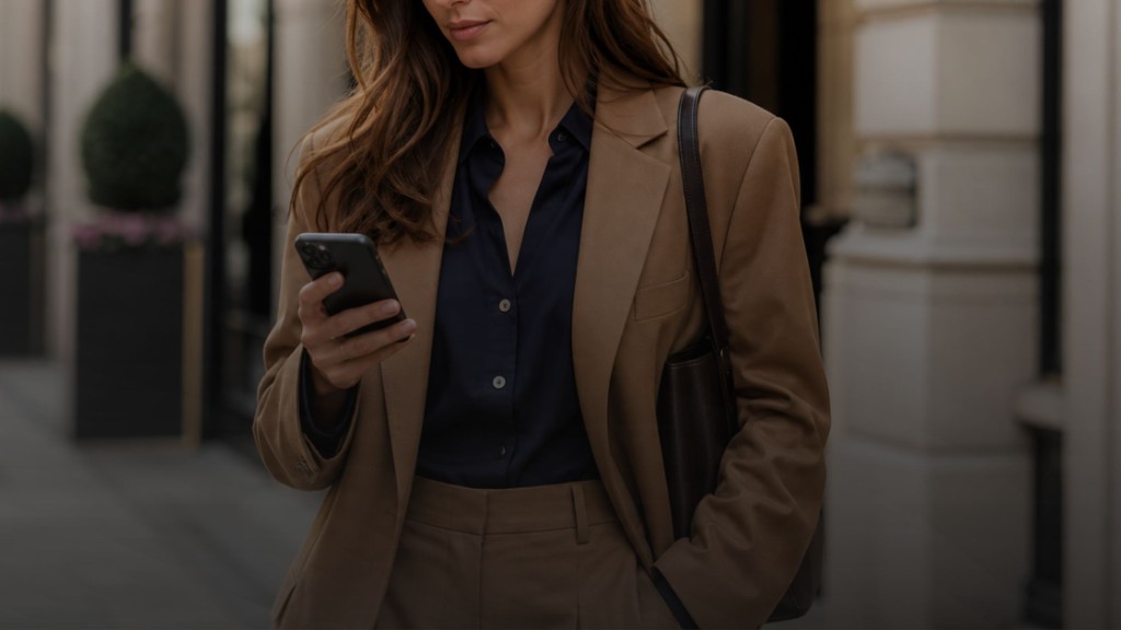 Woman in camel blazer and navy shirt on a luxury shopping street, looking at her phone