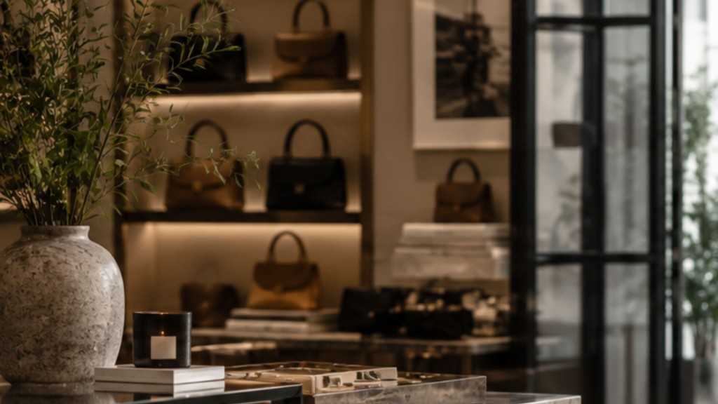 Curated interior with leather bags on lit shelves, suggesting discerning pre-owned quality rather than bargain hunting