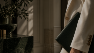 Redefining luxury, woman walks with purpose, neutral sophisticated background, cream blazer, leather bound organiser | Roberta Lee style and identity expert joining Sapēre Publication