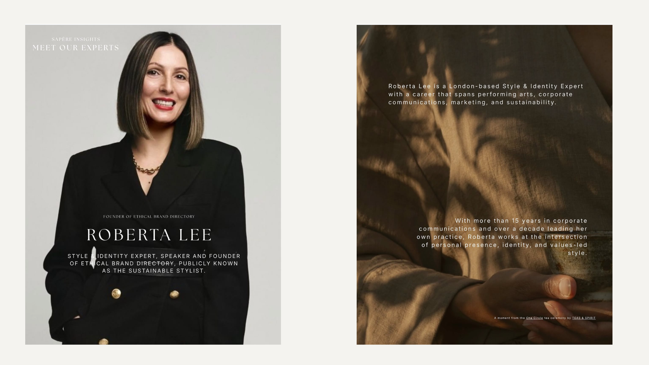 Sapēre Publication Meet Our Experts cards introducing Roberta Lee as Style and Identity Expert and founder of Ethical Brand Directory