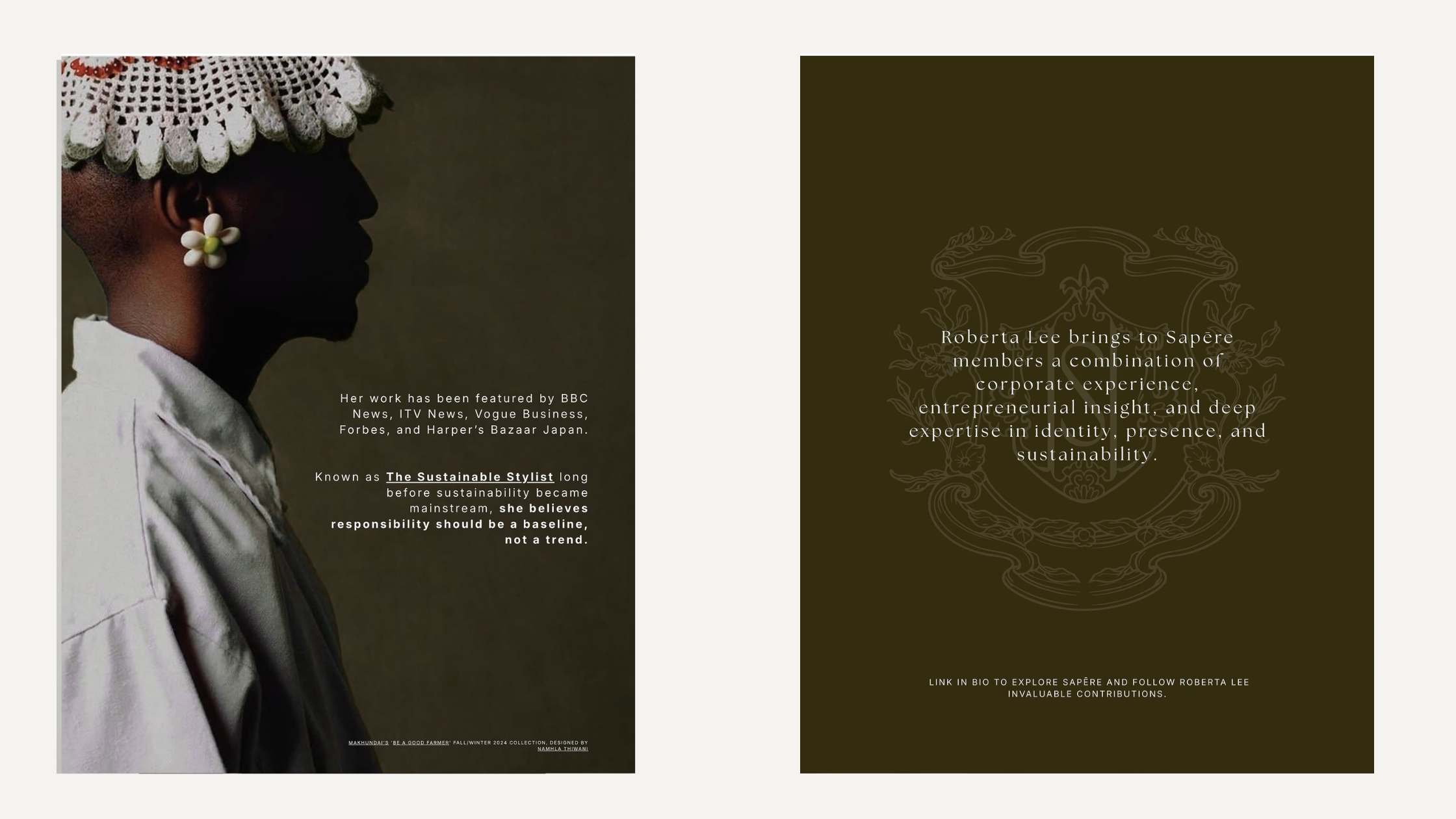 Sapēre Publication expert cards on Roberta Lee's press features and her contribution to members on identity, presence and sustainability