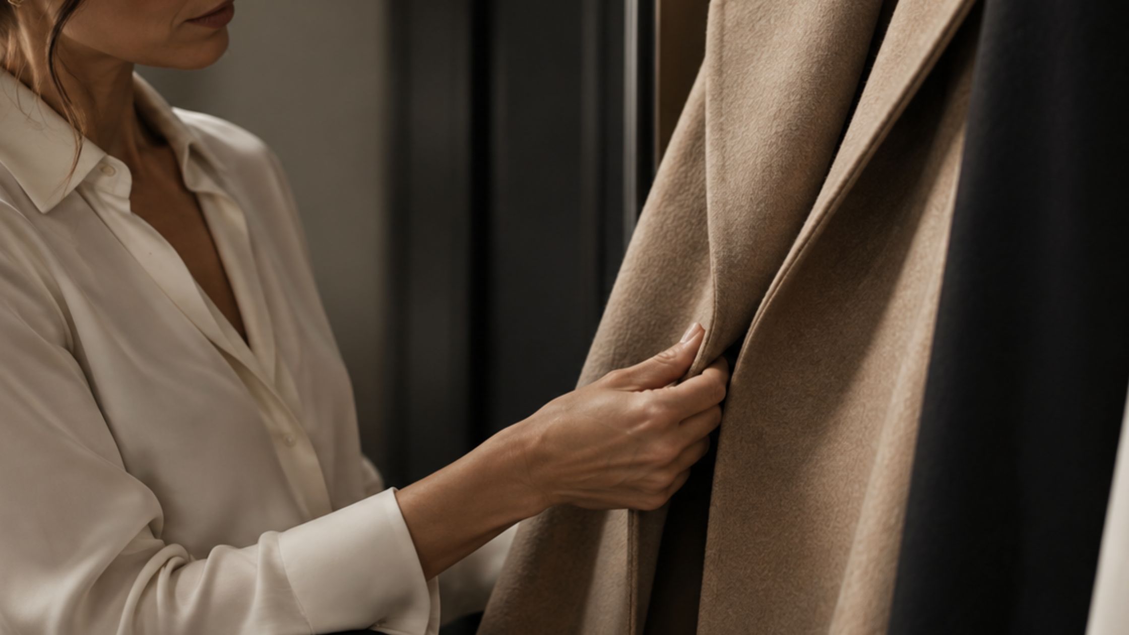 Women explores the quality of luxury cream wool coat - understanding the true cost isn't always obvious even in Luxury stores