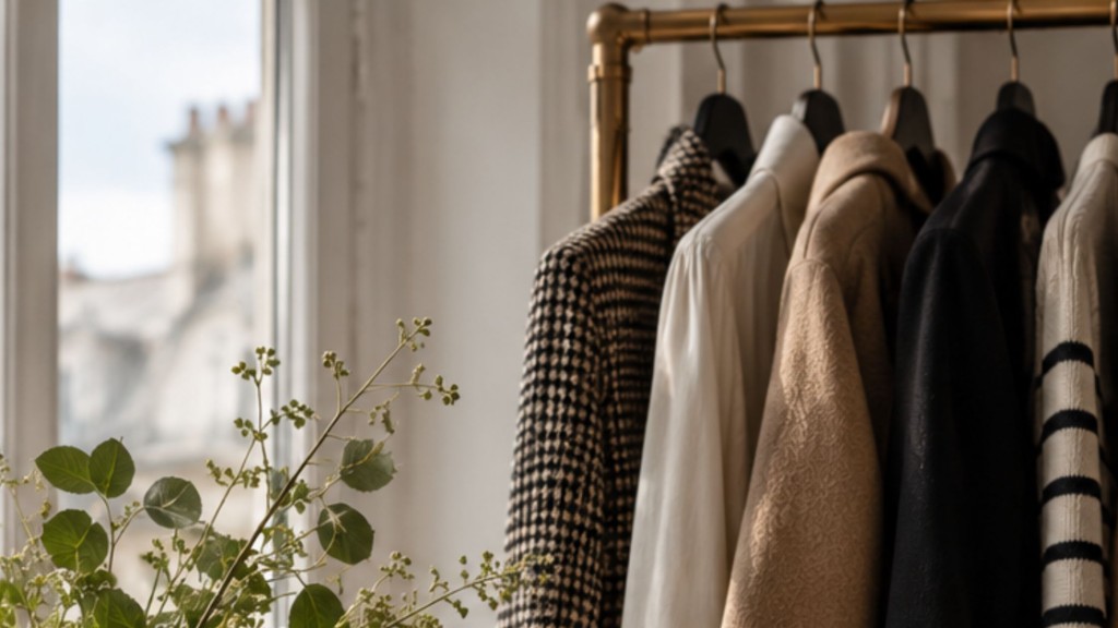 Editorial photograph of tailored coats and shirts on a brass clothing rail beside a window, showing a considered pre-loved wardrobe.